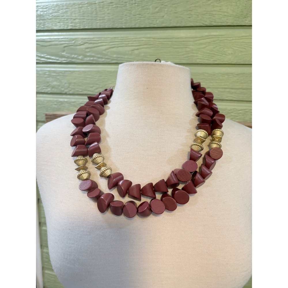 Plunder Design Burgundy Wood Bead Layered Statement Necklace Gold Accents